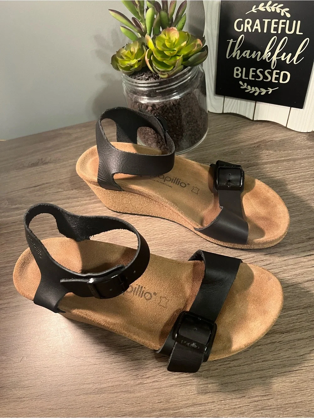 BIRKENSTOCK Papillio Black Leather Wedge Sandals with Buckles SIZE 39 - Picture 2 of 11